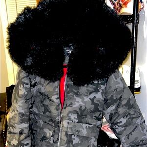 Camo Puffer Jacket with Black Faux Fur Hood